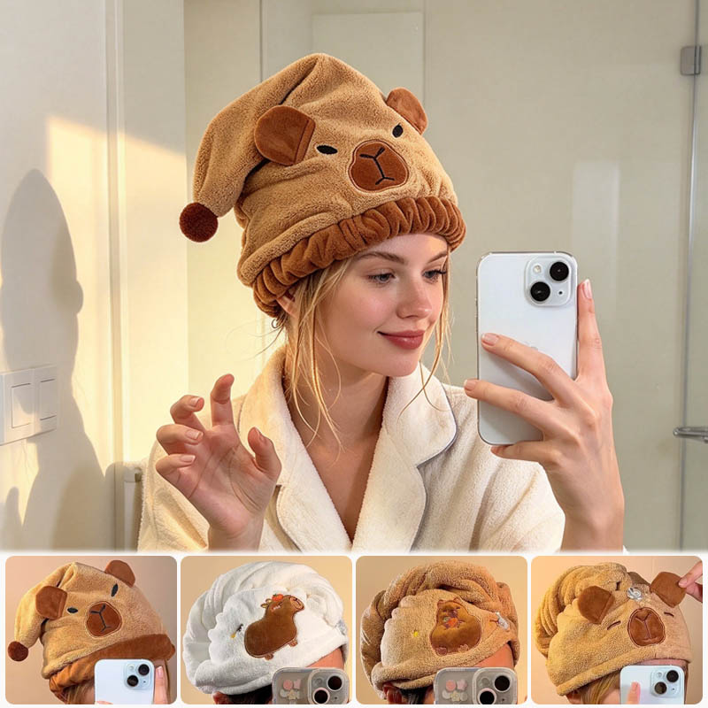 Spa Towel - ผ้าขนหนูคลุมผมผ้าคอรัลฟลีซ ลายคาปิบาร่า ซึมซับน้ำได้ดีเยี่ยม แห้งเร็ว ใช้เป็นผ้าโพกศีรษะสำหรับสปาที่บ้าน อาบน้ำ